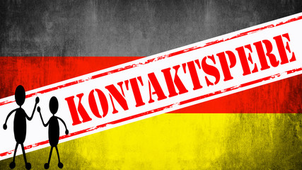 CORONAVIRUS - "KONTAKTSPERRE" in Deutschland, roter Stempel Banner mit schwarzen Strichmännchen, isoliert auf Deutschlandflagge Hintergrund mit Textfreiraum