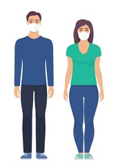 Man and women with protective medical mask on face for prevent virus. People in surgical mask. Vector illustration in flat style.