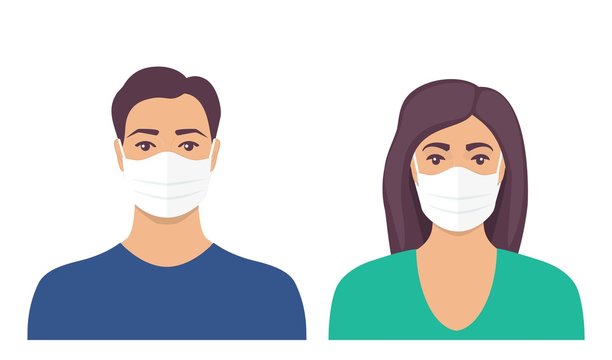 Man and women with protective medical mask on face for prevent virus. People in surgical mask. Vector illustration in flat style.