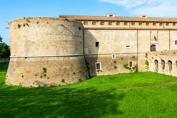 Fototapeta na wymiar Rocca Costanza degli Sforza or Fortress Castle of Costance of the Sforzas exterior partial view in Pesaro, Province of Pesaro and Urbino, Marche Region, Italy