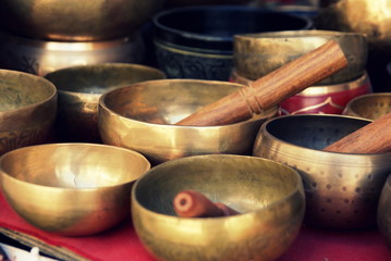 Close up of sound bowls at a market in Leh, Ladakh (India)