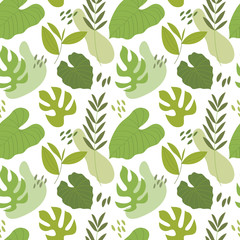 Vector seamless pattern with abstract green tropical leaves, on white background. Cartoon exotic leaves. Perfect for textile, wrapping paper, fabric, packaging