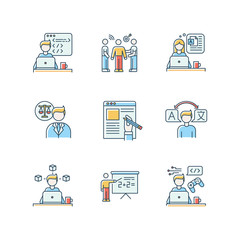 Freelance jobs RGB color icons set. Creative design and translation, teaching and copywriting. Legal services and PR management, web and game development. Isolated vector illustrations
