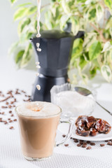 macchiato coffee with dates that are saturated with a huge amount of vitamins and nutrients, coffee make-up morning coffee drink that sets the pace for the whole day, sets the mood for the whole day, 