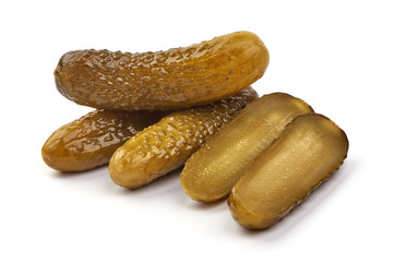 Marinated pickled cucumbers, isolated on white background
