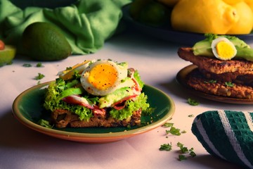Avocado, capocollo Italian cured meat and a boiled egg slice on top of a bed of lettuce and seed loaf toast.  Plate of toast sits to the right and a green dish towel in the foreground.  