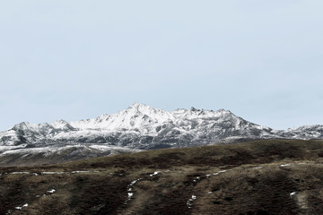 Fototapeta premium winter landscape of snow mountain with grassland 