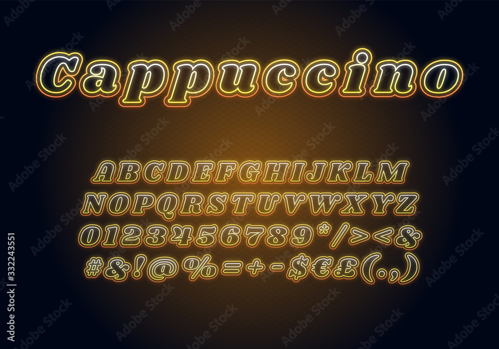 Fototapete cappuccino neon light font template. yellow illuminated vector alphabet set. bright capital letters,
