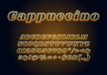 Cappuccino neon light font template. Yellow illuminated vector alphabet set. Bright capital letters, numbers and symbols with outer glowing effect. Nightlife typography. Coffeeshop typeface design