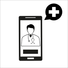 Illustration of holding smartphone with doctor on call and an online consultation.