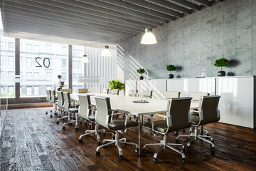 3d Rendering von Konferenztisch und Stühlen oder Sessel für Teilnehmer der Führungsebene oder Chefetage bei Meeting in Konferenzraum von Kanzlei oder Agentur