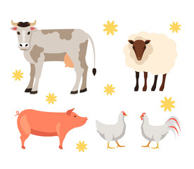 Farm animals cow, rooster, chicken, pig and sheep isolated set. Vector flat graphic cartoon illustration design