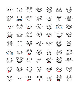 Set of funny cartoon emotional faces isolated collection. Vector flat graphic cartoon illustration design
