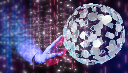touching global network and data exchanges over the world 3D rendering