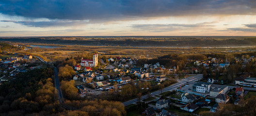 Raudondvaris village aerial panorama with Neman river in the horizon