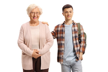 Male studenty leaning on the shoulder of an elderly woman