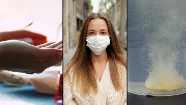 Coronavirus collage COVID-19 outbreak concept immunity, How to protect yourself from infection, hand washing, avoid patients and cover your sneeze, sanitazer and portrait in mask.