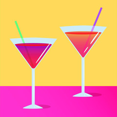 A pair of cocktails with tubes. Party drinks for banner, poster, restraurant menu. Vector illustration clipart with long drink cocktails in glass
