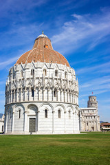 Pisa Leaning tower ad Baptistery in Italy in summer