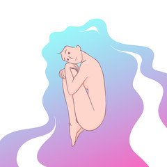 A girl with long blue-pink curly hair. Nude figure of a girl , stylized vector isolated EPS image.
