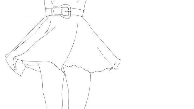 Hand drawn animation. Woman spinning in a circle skirt.