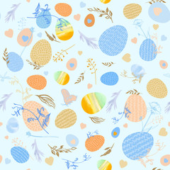 Easter seamless print with eggs on a blue background with watercolor elements, flowers and hearts