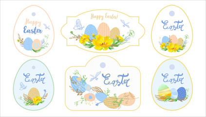 set cards with eggs and yellow watercolor flowers with gold twigs. Happy Easter templates with eggs. Suitable for spring and Easter cards and invitations, tag