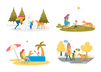 Family Playing with Pet in Different Seasons.