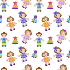 Vector seamless childish pattern with cute toys, dolls, pyramids, girls boys isolated on white background for the design of children's wallpapers, textiles, wrapping paper.