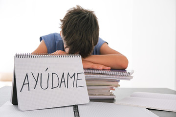 Tired frustrated boy sitting at the table with many books, exercises books. Spanish word Auydame -...