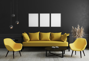 Blank vertical poster frame mock up in Modern room interior background with black wall and stylish yellow sofa and design armchair near coffee table, elegant, luxury, 3d rendering