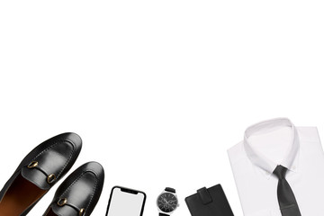 Men's accessories. Men's shoes, watches, wallet, shirt, case, tie. Black and white minimalistic composition on a white background. Classic men's accessories. Top view