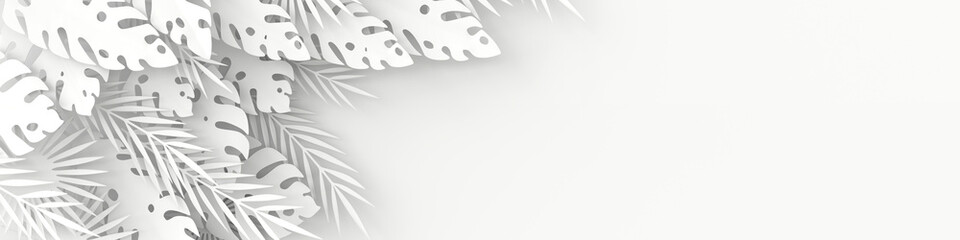 Tropical paper palm, monstera leaves frame. Summer tropical leaf. Origami exotic hawaiian jungle, summertime background. Paper cut style. 3d render horizontal banner © Meranna