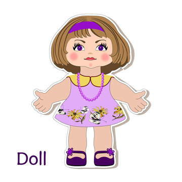Vector sticker cartoon little cute doll girls child in a summer dress with butterflies for preschool and primary school children, greeting card, print, decoration, card, text doll, scrapbook
