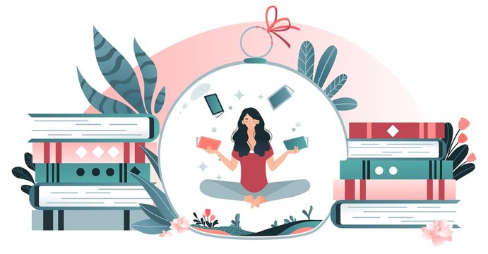 Character woman juggle book, diary, stack of booklet, isolated on white, flat vector illustration. Design for web banner. Female sit, levitates in circle bottle, flower, spring weather.