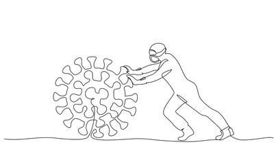 Medical staff fights coronavirus symbol. One line drawing