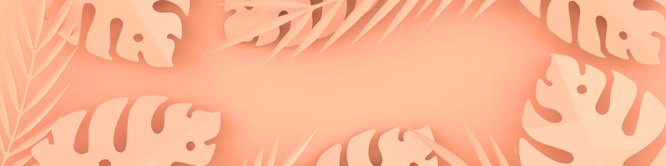 Tropical paper palm, monstera leaves frame. Summer tropical leaf. Origami exotic hawaiian jungle, summertime background. Paper cut style. 3d render horizontal banner © Meranna