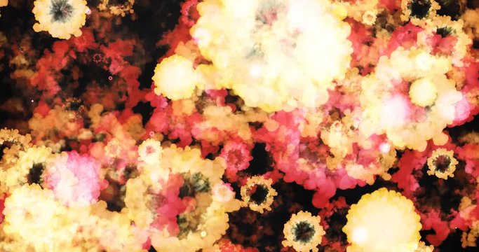 Abstract firework and smoke concept. Colorful explosion animation for background design. Bright red and orange looking flower or pyrotechnics. 3D render