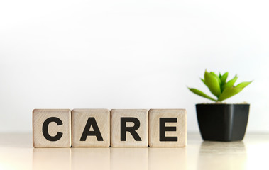 CARE - medical concept. Wooden cubes and flower in a pot.
