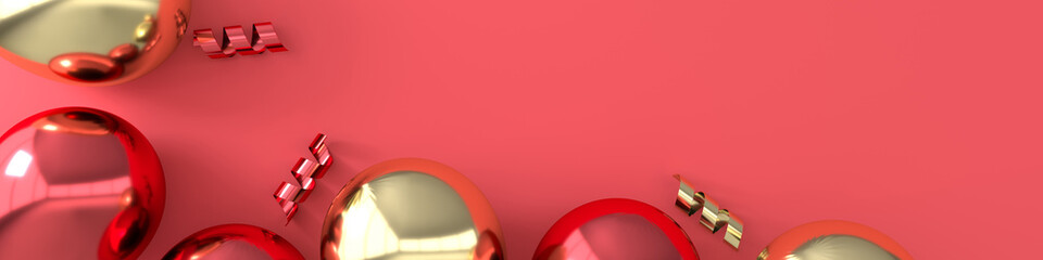 3d render illustration of realistic glossy golden and red balloons, ribbon confetti on pink background. Empty space for birthday, party, promotion social media banners, posters. Horizontal banner © Meranna