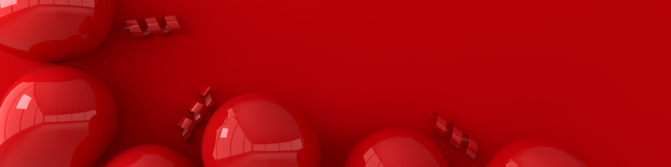 3d render illustration of realistic glossy red balloons, ribbon confetti on red background. Empty space for birthday, party, promotion social media banners, posters. Horizontal banner © Meranna