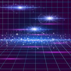 Disco floor, vintage dance background with neon illumination, lens flares, futuristic style light effect perspective. Party poster with strobing laser grid and stardust. Three dimensional banner.