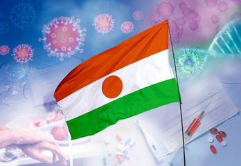 Coronavirus (COVID-19) outbreak and coronaviruses influenza background as dangerous flu strain cases as a pandemic medical health risk. Niger Flag with corona virus and their prevention.