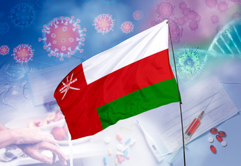 Coronavirus (COVID-19) outbreak and coronaviruses influenza background as dangerous flu strain cases as a pandemic medical health risk. Oman Flag with corona virus and their prevention.