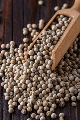 white peppercorns in wooden scoop on rustic background