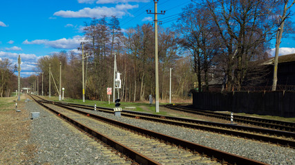 Fototapeta premium Railway traffic lights show a stop signal .