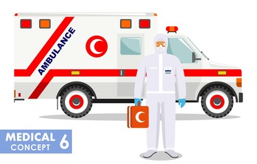Medical concept. Detailed illustration of muslim arabian emergency doctor in protective suit and mask near ambulance car in flat style background. Virus, infection, epidemic, quarantine. Vector. © yustus