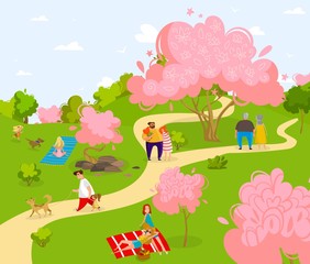 Fototapeta premium Spring city sakura park, characters people relax, train and walk dogs, family picnic, flat vector illustration, isolated on white background. Old people, man, woman, kid, runners, dog in outdoor park.