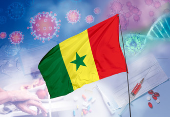 Coronavirus (COVID-19) outbreak and coronaviruses influenza background as dangerous flu strain cases as a pandemic medical health risk. Senegal Flag with corona virus and their prevention.