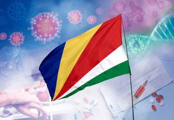 Coronavirus (COVID-19) outbreak and coronaviruses influenza background as dangerous flu strain cases as a pandemic medical health risk. Seychelles Flag with corona virus and their prevention.